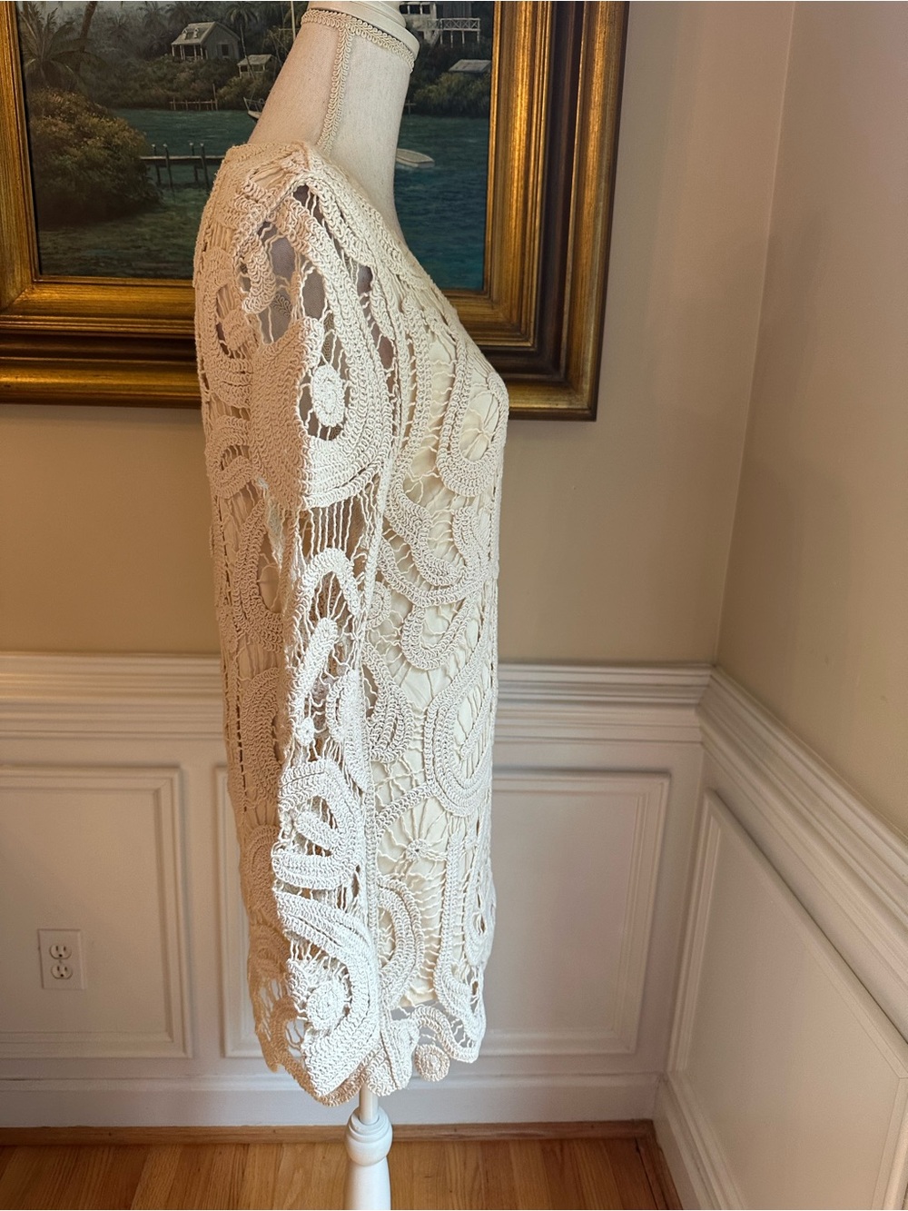 COMMENSE Cream Ecru Crochet Long Sleeve Mini Dress NWT - Picture 6 of 11